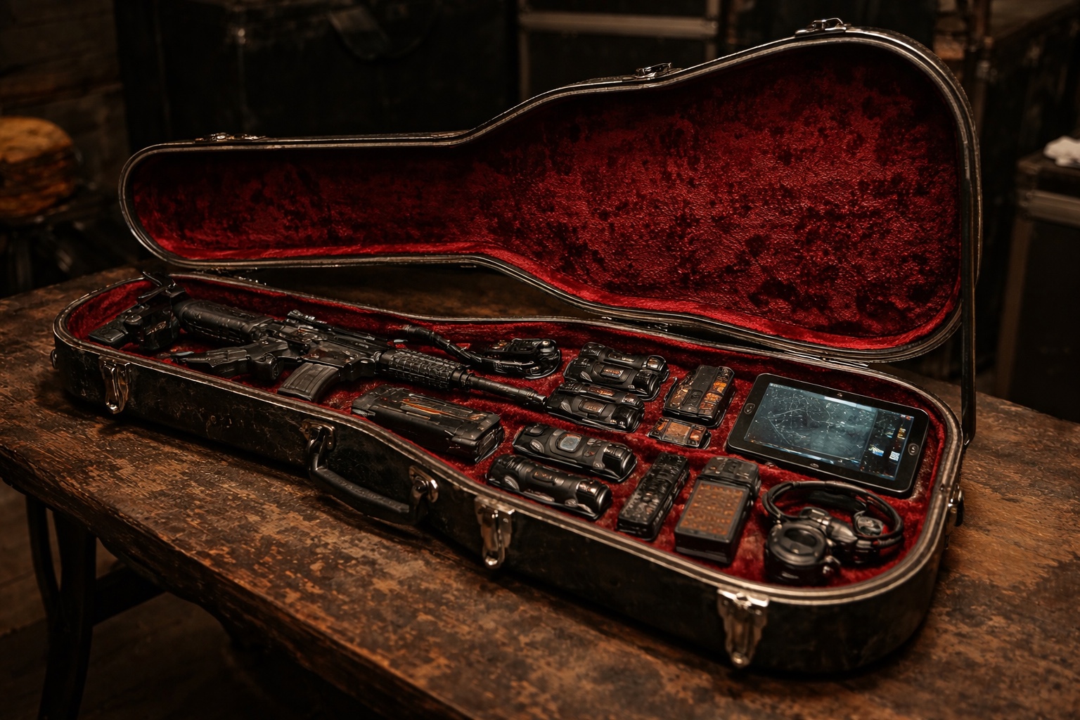 Open guitar case containing Hatband Protocol field equipment